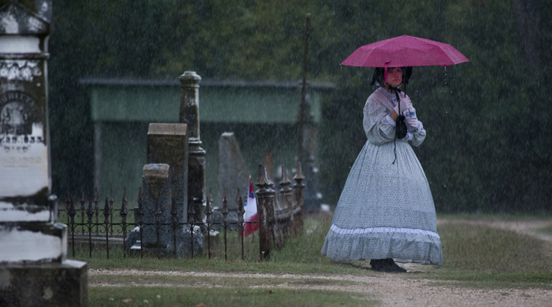 A wet day at the the I.O.O.F. Cemetery during an historical tour.