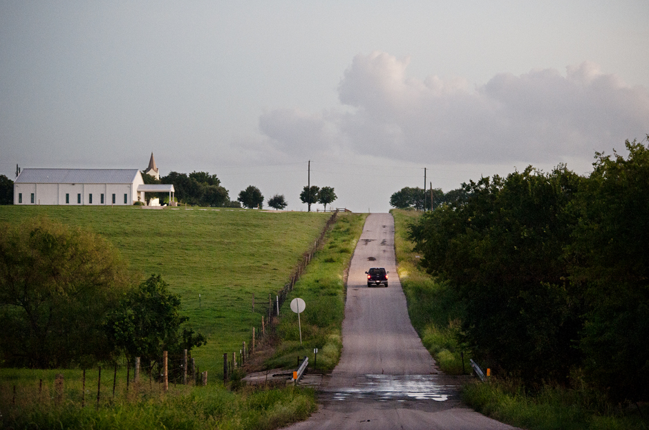 Motoring past Immanuel Lutheran Church as light fades